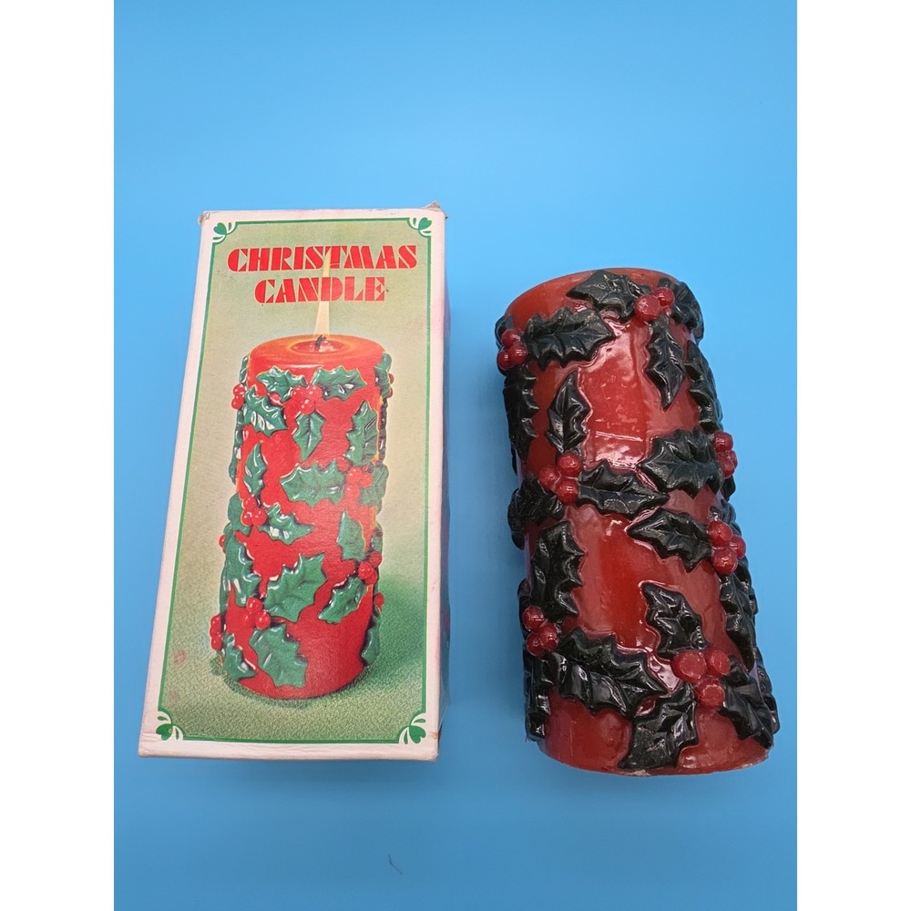 Christmas Candle Pillar Made In Hong Kong Holiday Holly Berries 6"‎